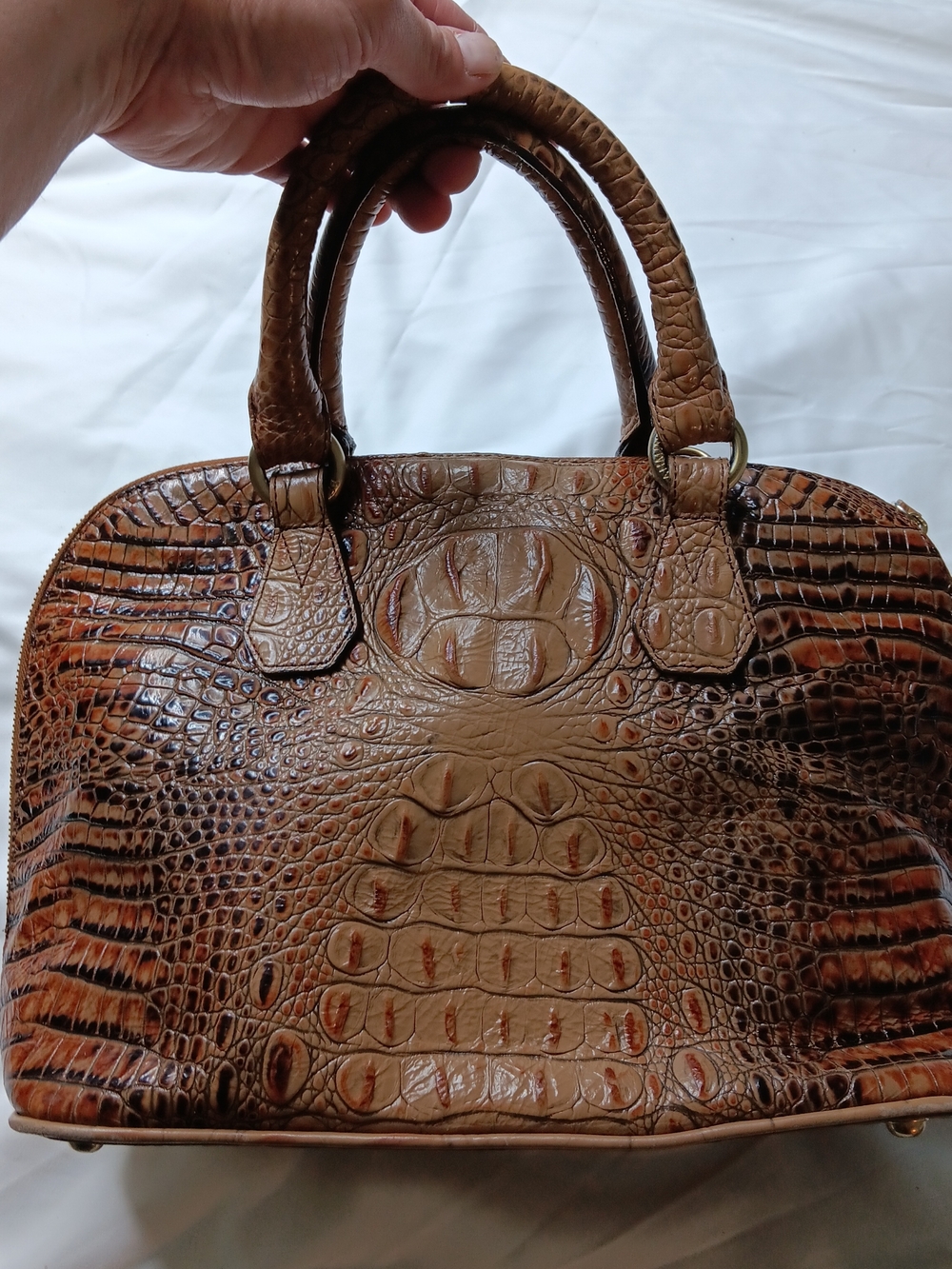 Brahmin Tan and Brown Croc-Embossed Satchel